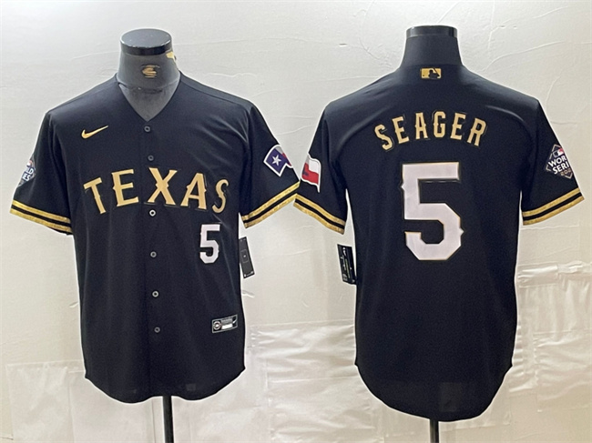 Men's Texas Rangers #5 Corey Seager Black Gold With Patch Cool Base Stitched Baseball Jersey